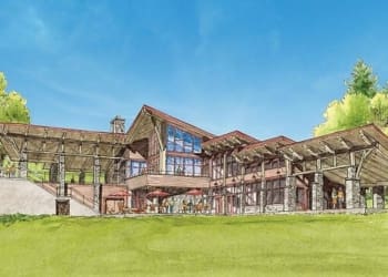 Renderings of the Thacher Park Center show the geology wall to teach park-goers about the area's history, a lounge space to relax in, and an outdoor patio to enjoy the view from the Helderberg Escarpment. Submitted photo