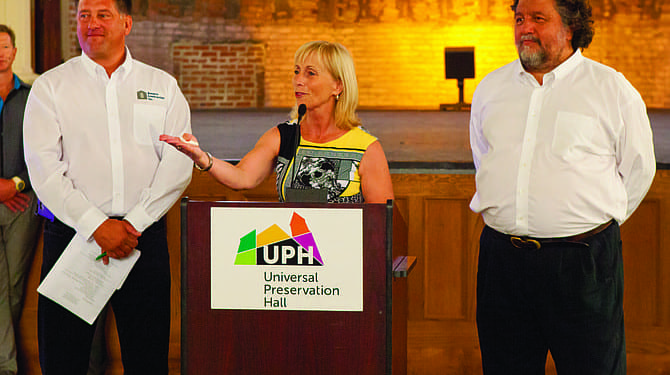 Left to right: Universal Preservation Hall (UPH) Board Chairman Sonny Bonacio, UPH President Teddy Foster, and Proctors CEO Philip Morris announce to guests at UPH a strategic alliance that will convert the old Washington Street church into a 900-seat entertainment and arts venue by Spring of 2017. Douglas C. Liebig