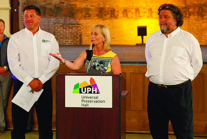 Left to right: Universal Preservation Hall (UPH) Board Chairman Sonny Bonacio, UPH President Teddy Foster, and Proctors CEO Philip Morris announce to guests at UPH a strategic alliance that will convert the old Washington Street church into a 900-seat entertainment and arts venue by Spring of 2017. Douglas C. Liebig