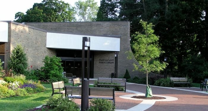 Rear entrance to the Bethlehem Public Library 
(Used by most people since it is the way to get in from the parking lot)
