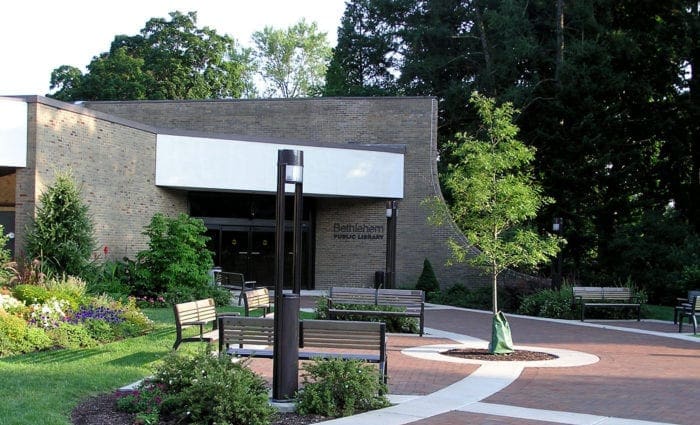 Rear entrance to the Bethlehem Public Library 
(Used by most people since it is the way to get in from the parking lot)