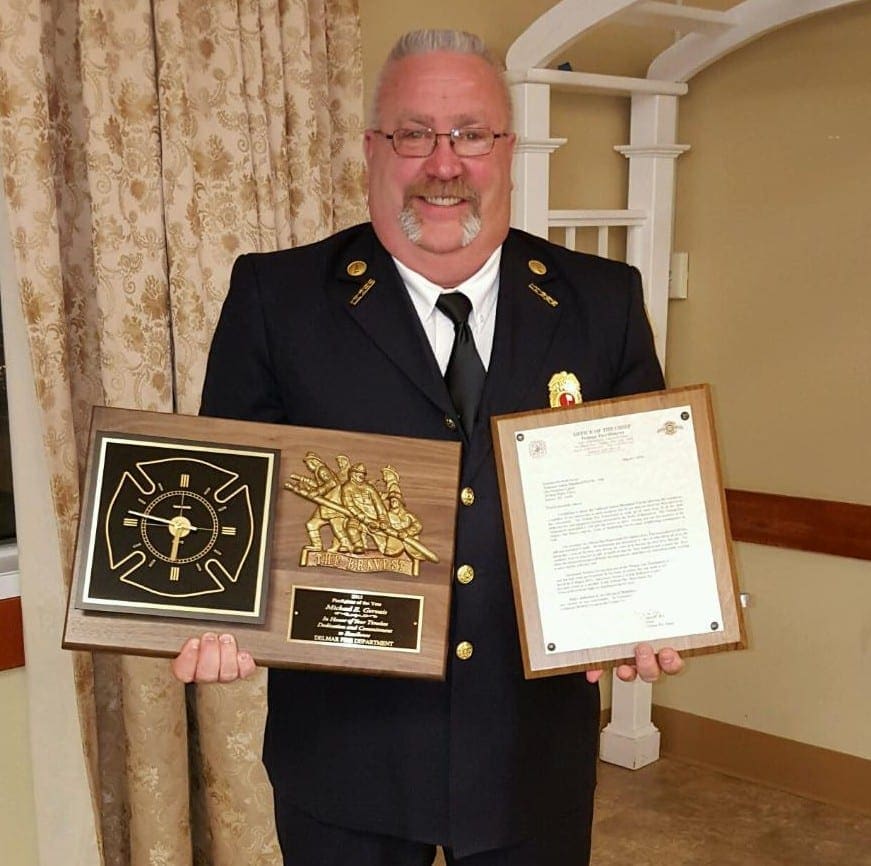Michael Gervais receives the Delmar Fire Deprtment’s Man of the Year award Monday, March 5, at the Nathaniel Blanchard American Legion Hall in Delmar. Submitted photo