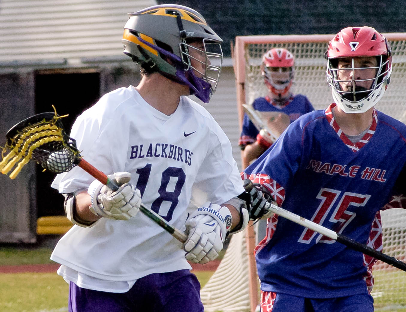 Voorheesville's Spencer LedDuke (18) looks for a passing lane during a Colonial Council game against Maple Hill Wednesday, April 13. Rob Jonas/Spotlight