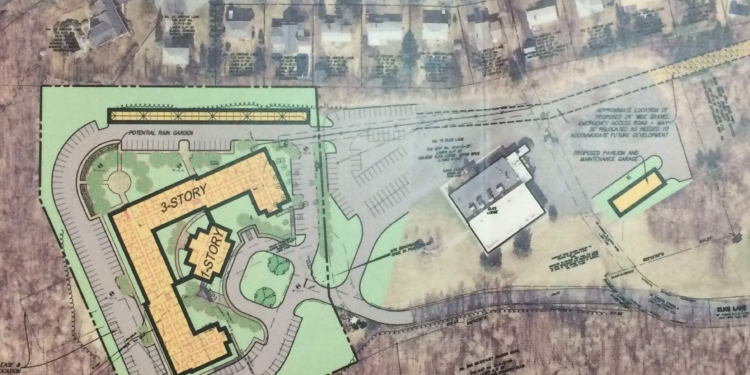 An aerial photograph of the existing Elks Club facility with superimposed images of the proposed Colonie Senior Service Center Housing project on Elks Lane in Latham. Photo provided