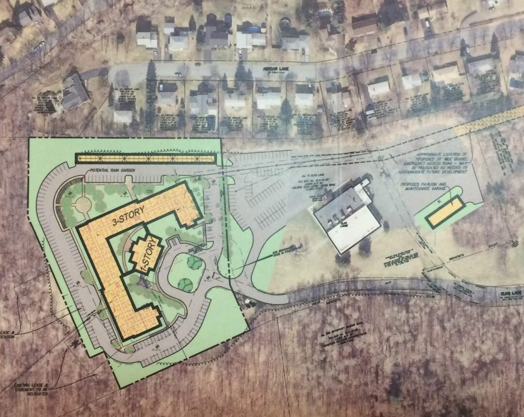 An aerial photograph of the existing Elks Club facility with superimposed images of the proposed Colonie Senior Service Center Housing project on Elks Lane in Latham. Photo provided