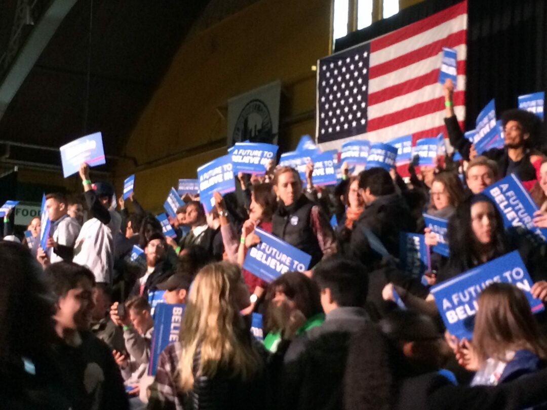 A crowd gathers at the Washington Armory in Albany during a rally for Senator Bernie Sanders, Monday, April 11. Photo by Tabitha Clancy