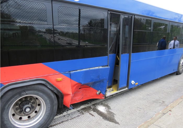 An accident between a car and a CDTA bus  on Western Avenue at the intersection with the Northway reportedly sent at least two people to the hospital Thursday, May 5. Spotlight photo by Tom Heffernan Sr.