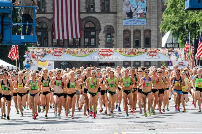 Runners take off from the starting line in front of Albany City Hall at the Freihofer's Run for Women Saturday, June 4. Submitted photo