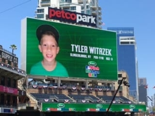 Tyler Witazek's name and face appears on the Petco Park scoreboard as he competes in Major League Baseball's Pitch, Hit & Run finals during All-Star Game festivities. Submitted photo
