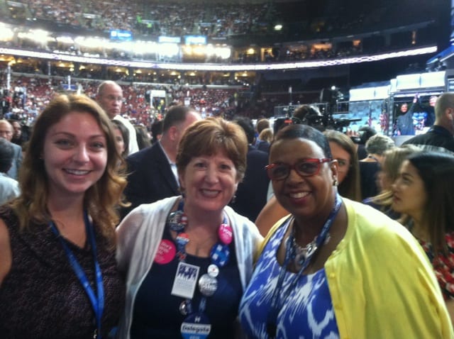 lbany Mayor Kathy Sheehan (center) is joined by Bethlehem Resident Adriana Schaffer, Media Assistant  and Albany City Common Council President Carolyn McLaughlin at the Democratic Convention Floor of Wednesday night, July 27. Howard Schaffer/Special to The Spotlight