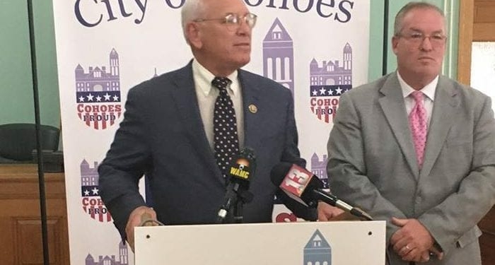 U.S. Representative Paul Tonko (left) and Cohoes Mayor Shawn Morse detail plans for Brownfield remediation in Cohoes. 
Kassie Parisi/Spotlight News
