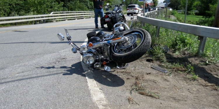 A motorcycle remains at the intersection of Delaware Turnpike and Cass Hill Road in the Town of New Scotland where Charles J. Burchhardt of Colonie was killed. Photo by Thomas Heffernan, Sr.