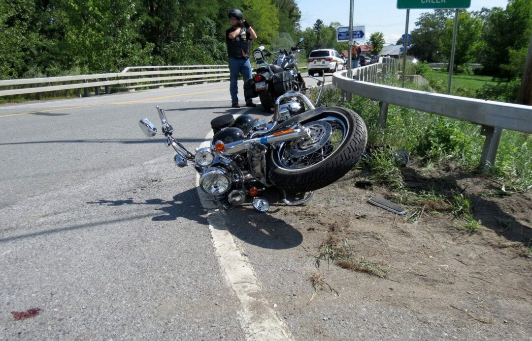 A motorcycle remains at the intersection of Delaware Turnpike and Cass Hill Road in the Town of New Scotland where Charles J. Burchhardt of Colonie was killed. Photo by Thomas Heffernan, Sr.