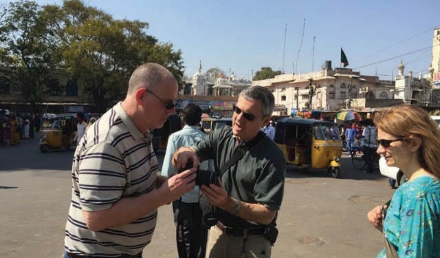 Steve Jacques, center, talks with Bethlehem Community Church Pastor Frank Wray, left, when they and Steve’s wife, Sharon, visited India recently. Submitted photo