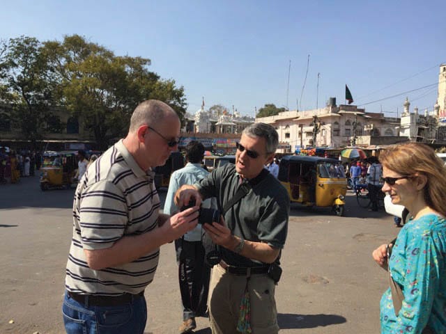 Steve Jacques, center, talks with Bethlehem Community Church Pastor Frank Wray, left, when they and Steve’s wife, Sharon, visited India recently. Submitted photo