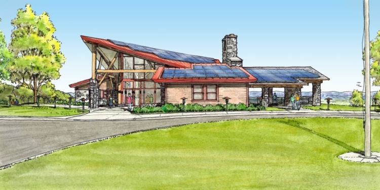 Rendering of the new Thacher Park Center, which will sit next to the trailhead and picnic area for the popular Indian Ladder Trail and will introduce visitors to the park.