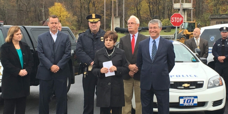 Pictured left to right: Albany County Sherriff Craig Apple, Colonie Police Chief Jonathan Teale, Town Supervisor Paula Mahan, and Assemblyman Phil Steck. 
(Kassie Parisi/Spotlight News)