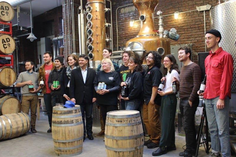(L-R) Curtin, Upstate Distilling founder Ryen Van Hall, Nine Pin founder Alejandro del Peral, Fahy, Amedore, Albany Distilling co-owner Rick Sicari, Indian Ladder Farmstead co-owner Laura Ten Eyck and Dietrich Gehring, representatives from S&S Farm Brewery, C.H. Evans Brewing, and The Beer Diviner // Photo: Relentless Awareness)
