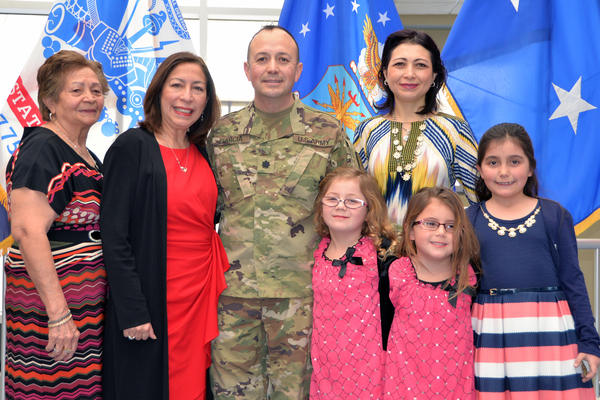 Newly-promoted Lt. Col. Luis Garcia poses for a photo after his promotion ceremony at the New York State Division of Military and Naval Affairs on Feb 3. His family members are, from left: his mother, Blanca Garcia; his wife, Nelly Garcia; his sister, Pat Garcia; his twin daughters Vienna and Sophia; and his daughter Julia (U.S. Army National Guard photo by Master Sgt. Raymond Drumsta, 42nd Infantry Division)