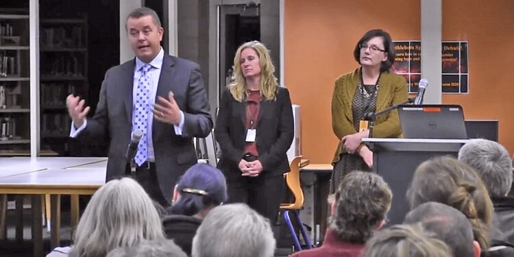 Albany County Sheriff Craig Apple speaks with district residents about the future of Clarksville Elementary School at a March 8 community meeting dedicated to the topic