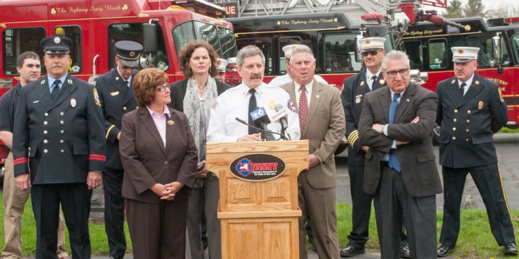 John D’Alessandro, secretary of Firefighters Association of the State of New York, speaks at a press conference (photo by Jim Franco/Spotlight News)