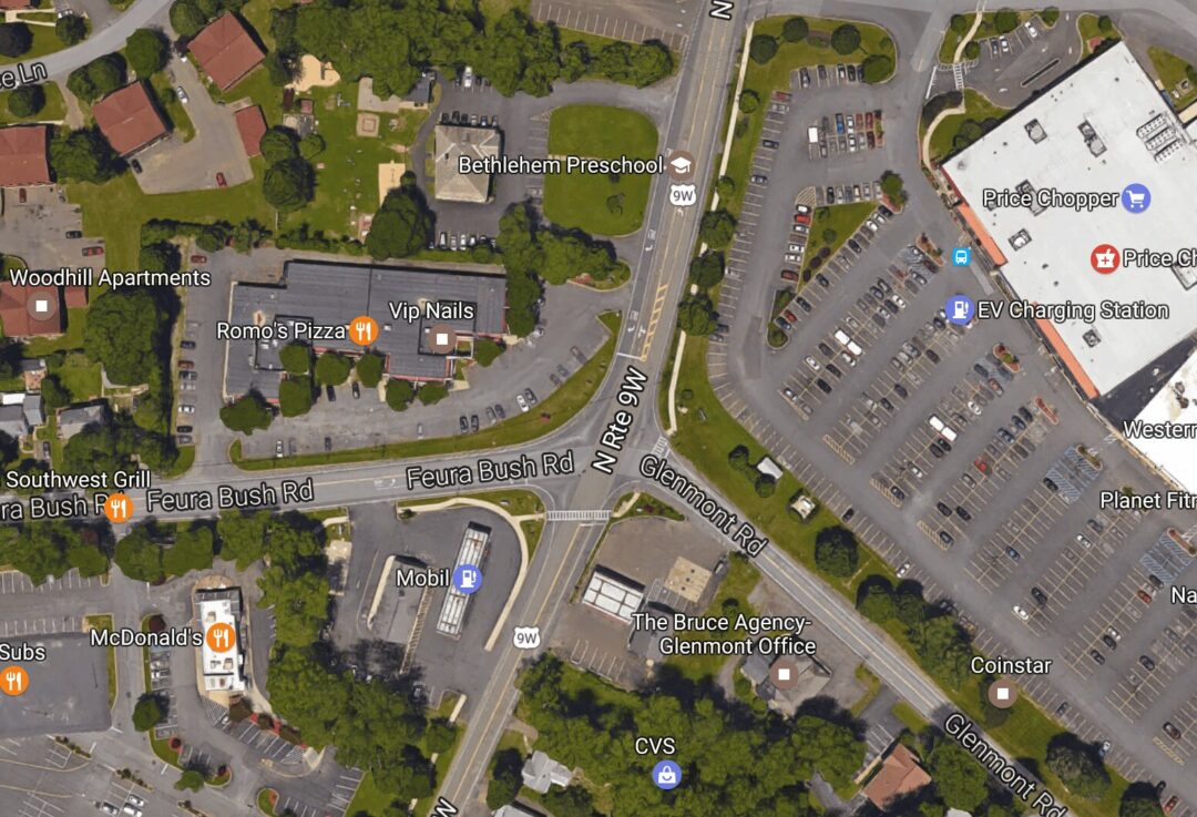 Thanks to state funding, a roundabout is being planned to ease congestion at this long-troubled intersection in Glenmont // Google Maps