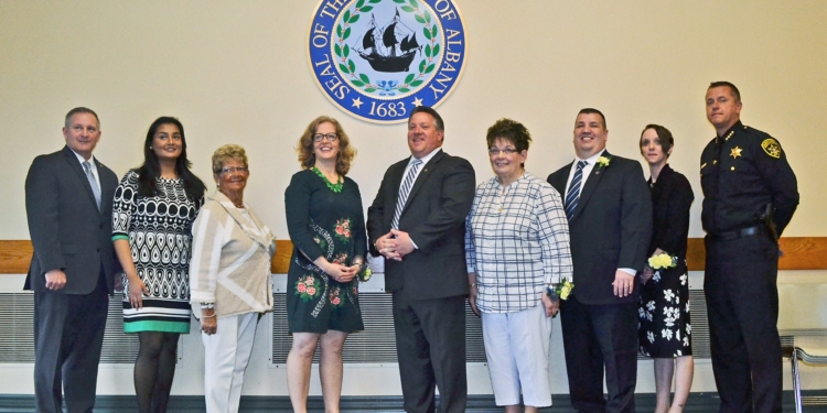 Pictured left to right:  Chairman of the Albany County Legislator Sean Ward, Samira Ahmed, Claire Brandt, Cindy Ferrari, County Executive Dan McCoy, Susan McManus, David Rose, Valerie Wasilewski and Albany County Sheriff Craig Apple Sr. 
(Photo submitted)