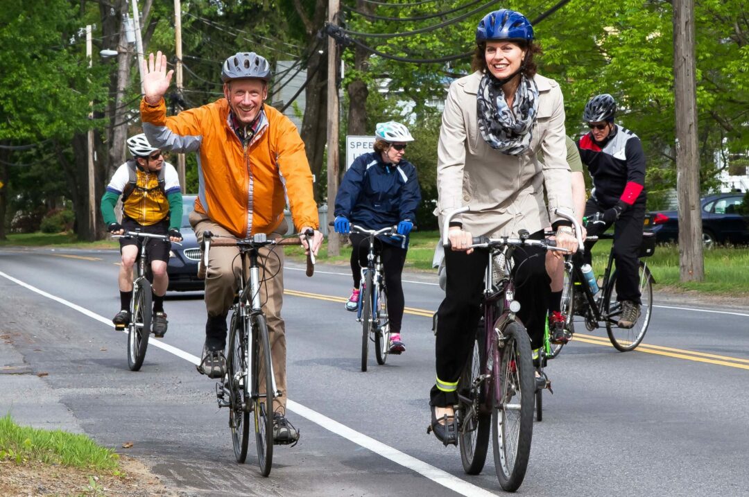 Bethlehem Town Supervisor John Clarkson and State Assemblywoman Pat Fahy bike to work in May 2016. // Photo: MHLC