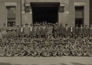 New York National Guard Soldiers assigned to Company G, 1st New York State Infantry gather outside their armory in Oneonta sometime in July, 1917 following their mobilization for duty in World War I. The men not in uniform were new recruits. On July 15, 1917 more than 24,000 New York National Guard Soldiers reported for duty and began the process of heading to Franch to fight the Germans. ( Photo courtesy of New York State Military History Museum)