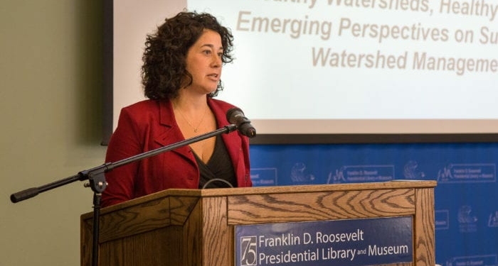 Maureen Cunningham, who serves as the executive director of the Hudson River Watershed Alliance, speaks during the organization’s 2016 Watershed Conference at the Franklin D. Roosevelt Presidential Library and Museum in Hyde Park.
(Paul Miller photo)