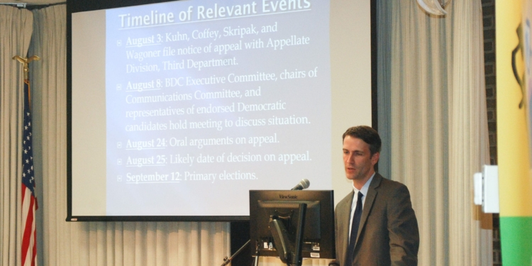 BDC Chairman Jeff Kuhn points out the timeline events that resulted in what was ultimately viewed as an improperly completed certificate that named its endorsed candidates.
(Photo by Ali Hibbs / Spotlight News)