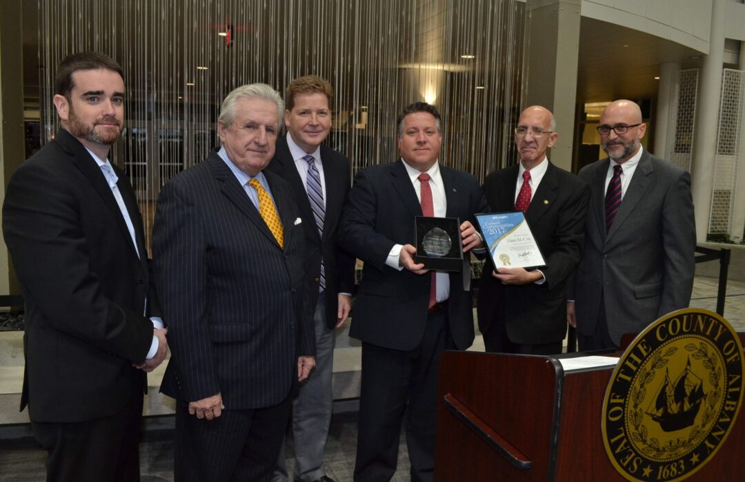 Left to right: Andrew Kennedy, President CEG, Mike Griffin,  Mark Eagan, CEO Capital Region Chamber, County Exec. McCoy, Deputy County Exec. Phil Calderone and Steve Acquario, Executive Director New York State Association of Counties.  // Photo provided