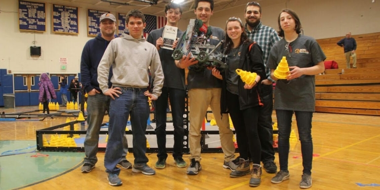 L-R: Mr. Kevin Shannon with winning team members Lance Tamchin, Luke Andres, Christian DeFranco, Molly Bogardus, Mr. Eric Fana, Abby DeFranco.                   
Photo by Stephen DeFranco