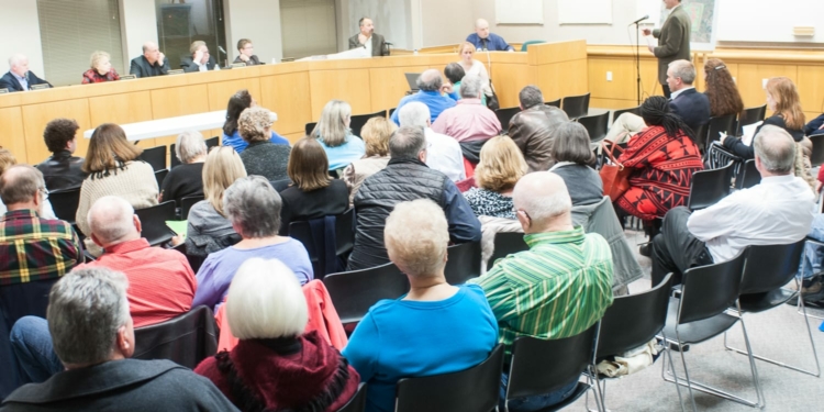 A crowd of people at the Colonie Planning Board meeting on March 20 (Jim Franco/Spotlight News)