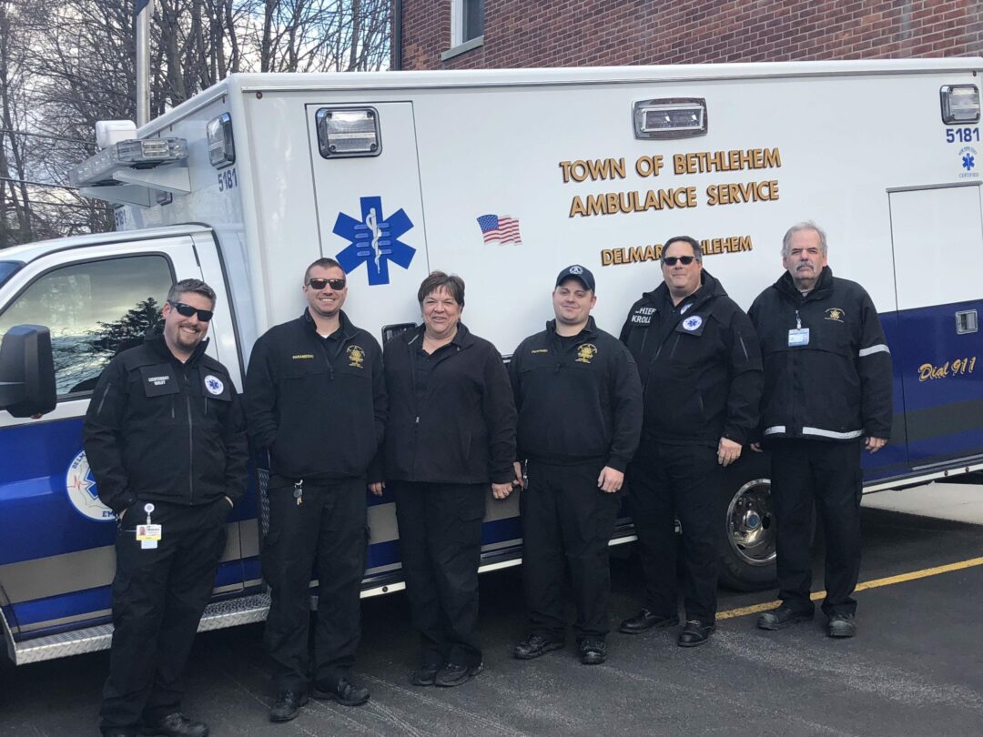 On a recent Thursday afternoon, four county EMS responders and one DBEMS paramedic were on hand at the north DBEMS station, temporarily located next door to the Delmar Fire Department. 
From Left: Lt. Matt Wiley, Advanced EMT, DBEMS; Dan Green, Paramedic, ACSO; Brenda Adams, Paramedic, ACSO; T.J. Foley, Paramedic, ACSO; Chief Steve Kroll, EMT, DBEMS; and Dennis Kilcullen EMT, ACSO.
                                                                                                                        Photo by Ali Hibbs/Spotlight News