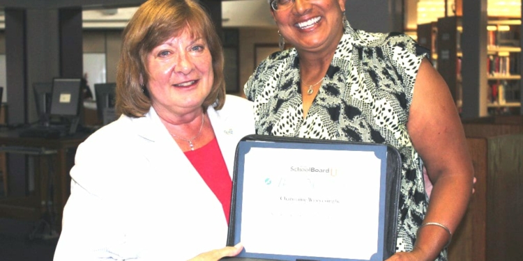 Charmaine Wijeyesinghe, right, is pictured along with receiving a certificate from Lynne Lenhardt. Lenhardt also decided against seeking re-election onto the school board after 20 years of service.
Photo courtesy of BCSD