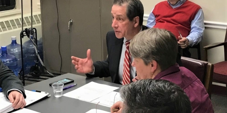 Republican Mark Grimm, chair (center), and Democrat Lynne Lekakis, vice-chair (to his left), preside over the first bipartisan-led Personnel Committee meeting earlier this year, after Chair Andrew Joyce appointed the first Republicans to lead legislative committees.