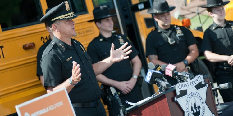 Albany County Sheriff Craig Apple introduced the new PAPERS program as a response to recent gun violence in our nation’s high schools, including Parkland, Fla. earlier this year. The program will be launched at Ravena Coeymans Selkirk, Voorheesville and Berne Knox Westerlo this September. The radios, including 19 “panic buttons,” were made available through a partnership with Motorola Solutions.

Photo by Michael Hallisey / Spotlight News