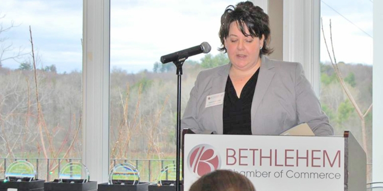 In this undated file photo, Jennifer Kilcoyne, then-president of the Bethlehem Chamber of Commerce, is shown addressing members and guests during a chamber event held at the Normanskill Country Club. 
Bethlehem Chamber of Commerce