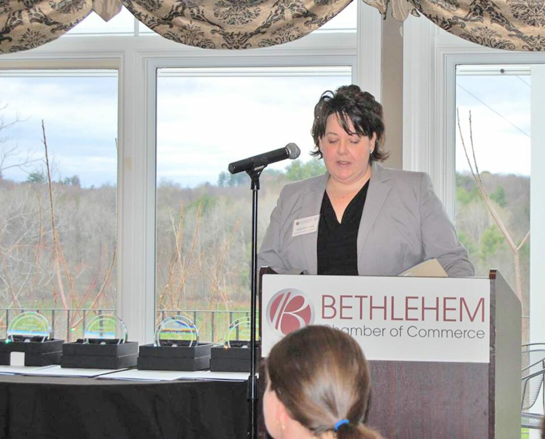 In this undated file photo, Jennifer Kilcoyne, then-president of the Bethlehem Chamber of Commerce, is shown addressing members and guests during a chamber event held at the Normanskill Country Club. 
Bethlehem Chamber of Commerce
