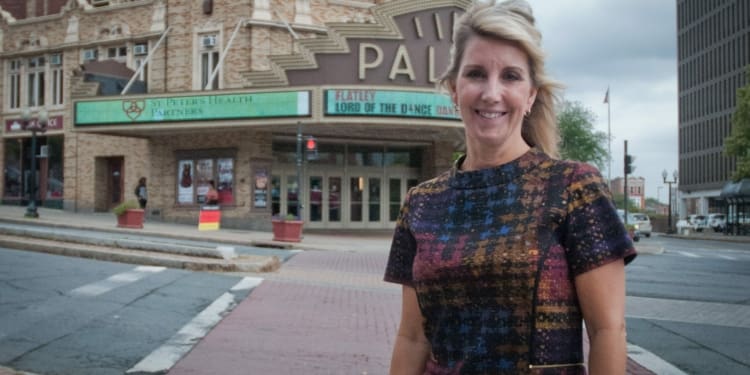 Susan Fogarty in front of the Palace’s marquee on Clinton Avenue in Albany.
Michael Hallisey / TheSpot518