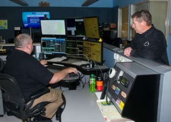 Senior Public Safety Dispatcher Frank Lawyer (left) and Colonie Public Safety Communications Supervisor Mike Haller at in the Communications Department.
Jim Franco / Spotlight News