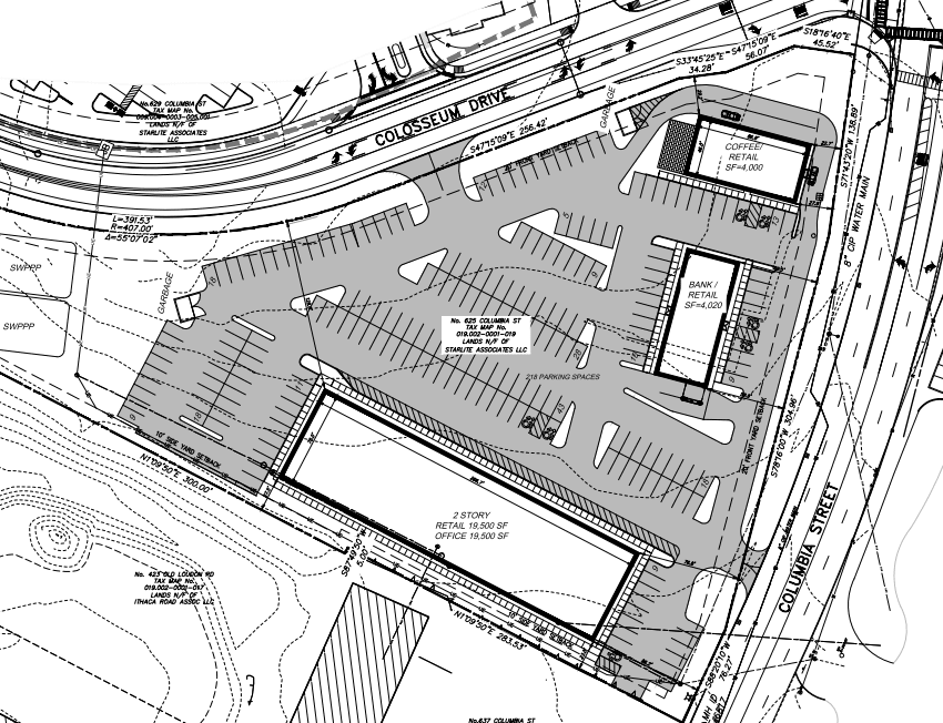 The location of the three buildings proposed for the former Starlite Theater site in Colonie.