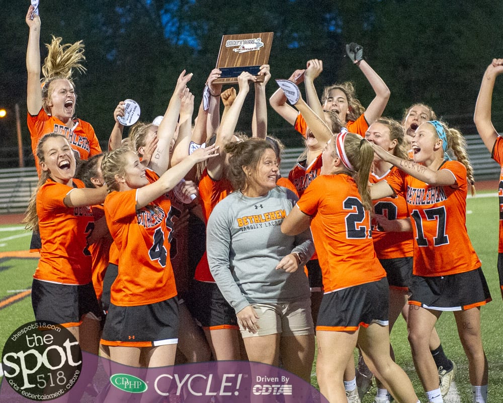 The Bethlehem girls lacrosse team celebrates after beating Shenendehowa for the Section II, Class A championship at Mohonasen High School on Wednesday, May 22 2019 (Jim Franco/Special to the Times Union)