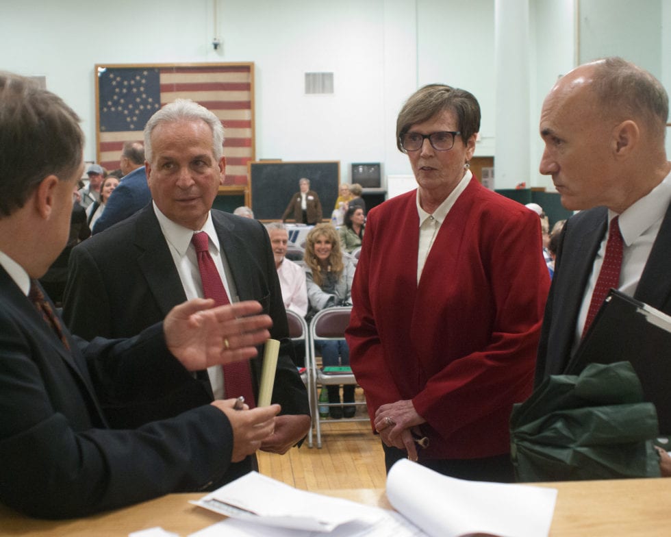 (L-R) Prior to the forum, Spotlight News publisher John McIntyre goes through the rules with the three Bethlehem Town Board candidates: James Carriero, Joyce Becker and Daniel Coffey. Diego Cagara / Spotlight News