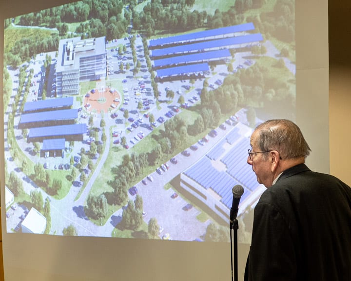 Daniel Hershberg presents a project to build solar panel car ports at the Ayco headquarters to the Planning Board on Tuesday, Nov. 29
Jim Franco/Spotlight News