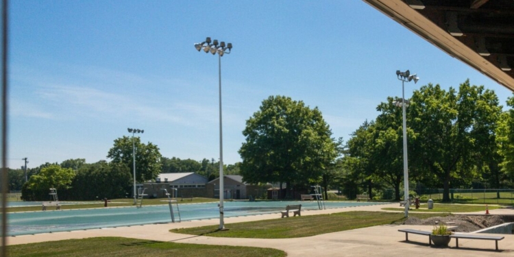 View of the olympic-sized pool, at Elm Avenue Park.