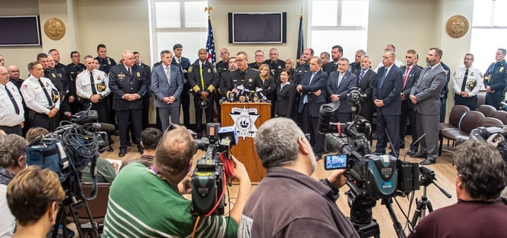 Law enforcement officials from across the state held a press conference at the Albany County Judicial Center to decry “bail reform” that is set to go in effect on Jan. 1, 2020. Jim Franco / Spotlight News