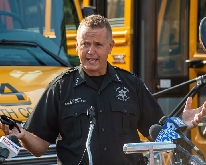 In this file photo, Sheriff Craig Apple talks about school bus safety at the South Colonie School District transportation facility.



Jim Franco/Spotlight News