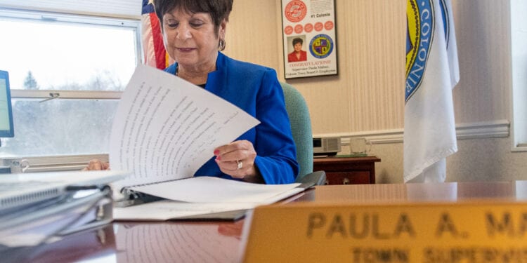 Town Supervisor Paula Mahan looks over her State of the Town speech while sitting at her desk in Town Hall on Thursday, Jan. 21.


Jim Franco / Spotlight News